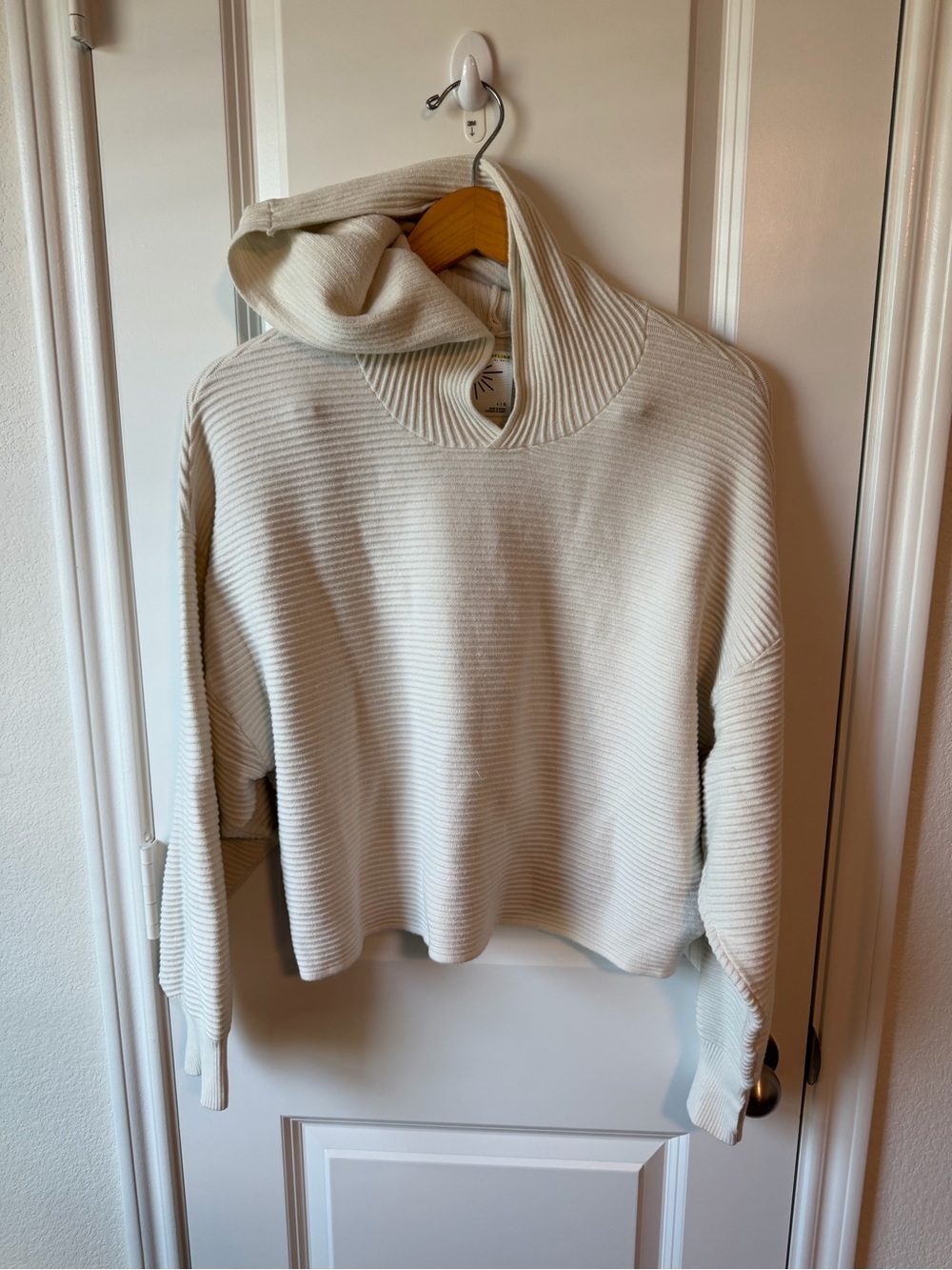 Offline by Aerie Cream Ribbed Hooded Cropped Sweater